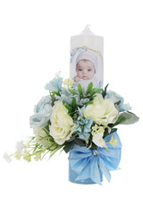 Lumanare botez baieti, model Bebelus cu flori artificiale, 30x7 cm, roz, Recostore®, REC5002/30