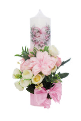 Lumanare botez fete, model Bebelus cu flori artificiale, 30x7 cm, roz, Recostore®, REC5002/29