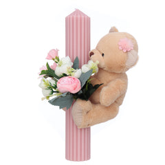 Lumanare botez roz cu Ursulet si flori artificiale, 35x6 cm, REC5001/14