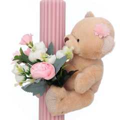 Lumanare botez roz cu Ursulet si flori artificiale, 35x6 cm, REC5001/14