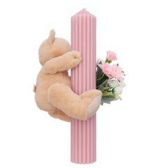 Lumanare botez roz cu Ursulet si flori artificiale, 35x6 cm, REC5001/14