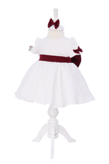 Rochie alb-visiniu cu maneca scurta pentru botez, 3 piese, rochie, bentita si botosei, REC3297