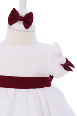 Rochie alb-visiniu cu maneca scurta pentru botez, 3 piese, rochie, bentita si botosei, REC3297