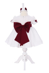 Rochie alb-visiniu cu maneca scurta pentru botez, 3 piese, rochie, bentita si botosei, REC3297