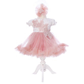 Rochie botez cu maneca scurta, roz pudrat, 2 piese, rochie si bentita, REC3294