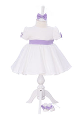 Rochie alb-lila cu maneca scurta pentru botez, 3 piese, rochie, bentita si botosei, REC3296