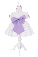 Rochie alb-lila cu maneca scurta pentru botez, 3 piese, rochie, bentita si botosei, REC3296