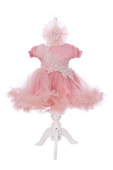 Rochie botez cu maneca scurta, roz pudrat, 2 piese, rochie si bentita, REC3295