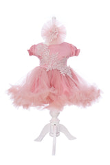 Rochie botez cu maneca scurta, roz pudrat, 2 piese, rochie si bentita, REC3295