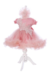 Rochie botez cu maneca scurta, roz pudrat, 2 piese, rochie si bentita, REC3295