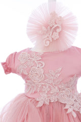 Rochie botez cu maneca scurta, roz pudrat, 2 piese, rochie si bentita, REC3295