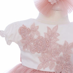 Rochie botez cu maneca scurta, roz pudrat, 2 piese, rochie si bentita, REC3294