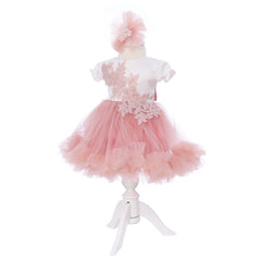 Rochie botez cu maneca scurta, roz pudrat, 2 piese, rochie si bentita, REC3294