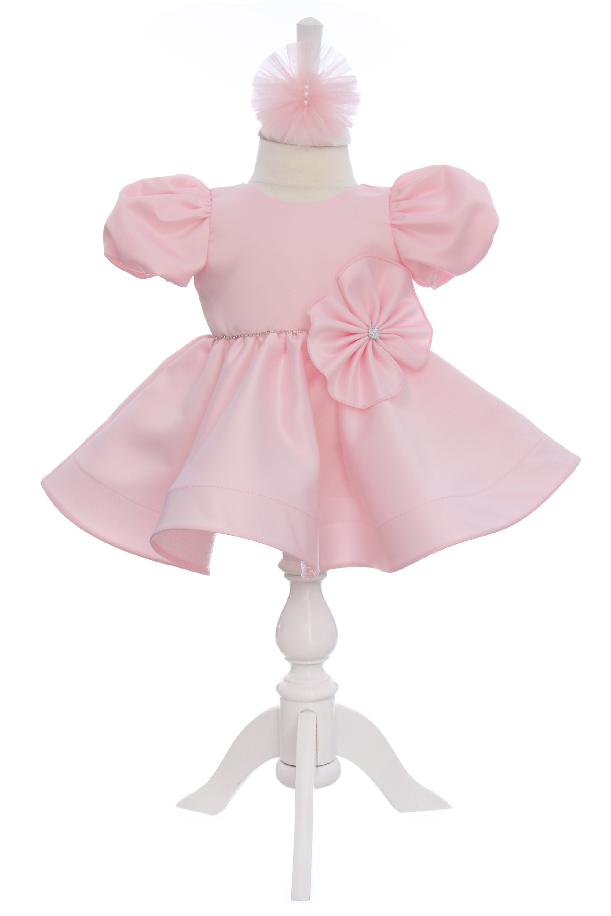 Rochie roz pentru botez, 2 piese, rochie si bentita, REC3265