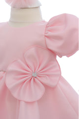 Rochie roz pentru botez, 2 piese, rochie si bentita, REC3265
