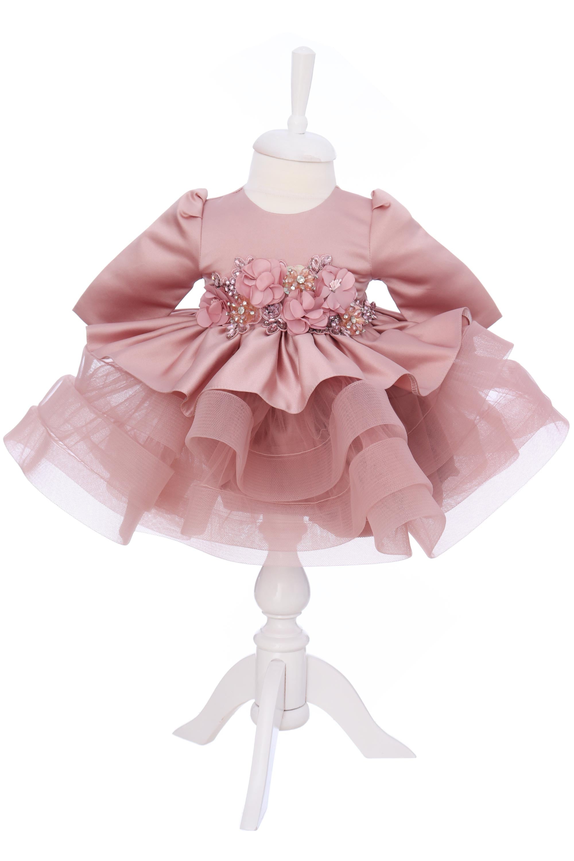 Rochie eleganta pentru botez, cu aplicatii din pietre, culoare roz pudrat, REC3290