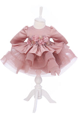 Rochie eleganta pentru botez, cu aplicatii din pietre, culoare roz pudrat, REC3290