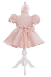 Rochie roz pudrat pentru botez, 2 piese, rochie si bentita, REC3264