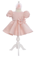 Rochie roz pudrat pentru botez, 2 piese, rochie si bentita, REC3264