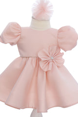 Rochie roz pudrat pentru botez, 2 piese, rochie si bentita, REC3264