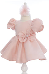 Rochie roz pudrat pentru botez, 2 piese, rochie si bentita, REC3264