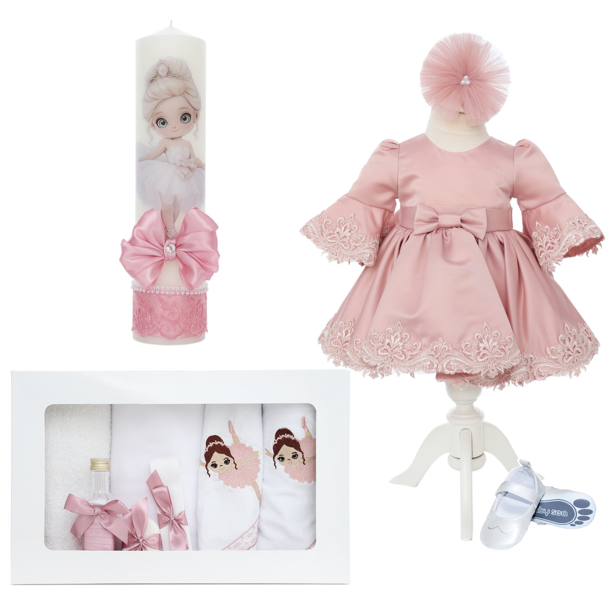 Set trusou complet pentru botez de fete, Roz pudrat, model Balerina, 11 piese, Rochita, Lumanare cu Balerina, trusou brodat si pantofiori, Recostore®, REC2565