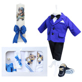 Set trusou complet pentru botez de baieti, albastru electric, model Ursulet, 14 piese, Costum, Lumanare cu Ursulet, trusou brodat si pantofiori, Recostore®, REC2571