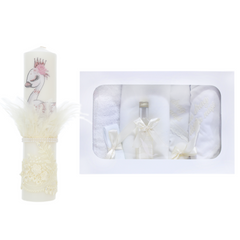 Set trusou si lumanare pentru botez, model Lebada, 8 piese, Ivoire, Recostore®, REC2589