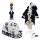 Trusou complet pentru botez de baieti, model cu Print si Coroana, trusou brodat coroana si "Cu drag de la nasi", lumanare cu print, costum print si pantofiori, Bleumarin, 15 piese, Recostore®, REC2643