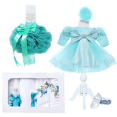 Set trusou complet pentru botez de fete, verde menta, model cu Unicorn, 11 piese, Rochita, Lumanare cu "Radacini si aripi", trusou brodat si pantofiori, Recostore®, REC2579