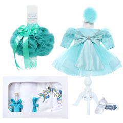 Set trusou complet pentru botez de fete, verde menta, model cu Unicorn, 11 piese, Rochita, Lumanare cu "Radacini si aripi", trusou brodat si pantofiori, Recostore®, REC2579