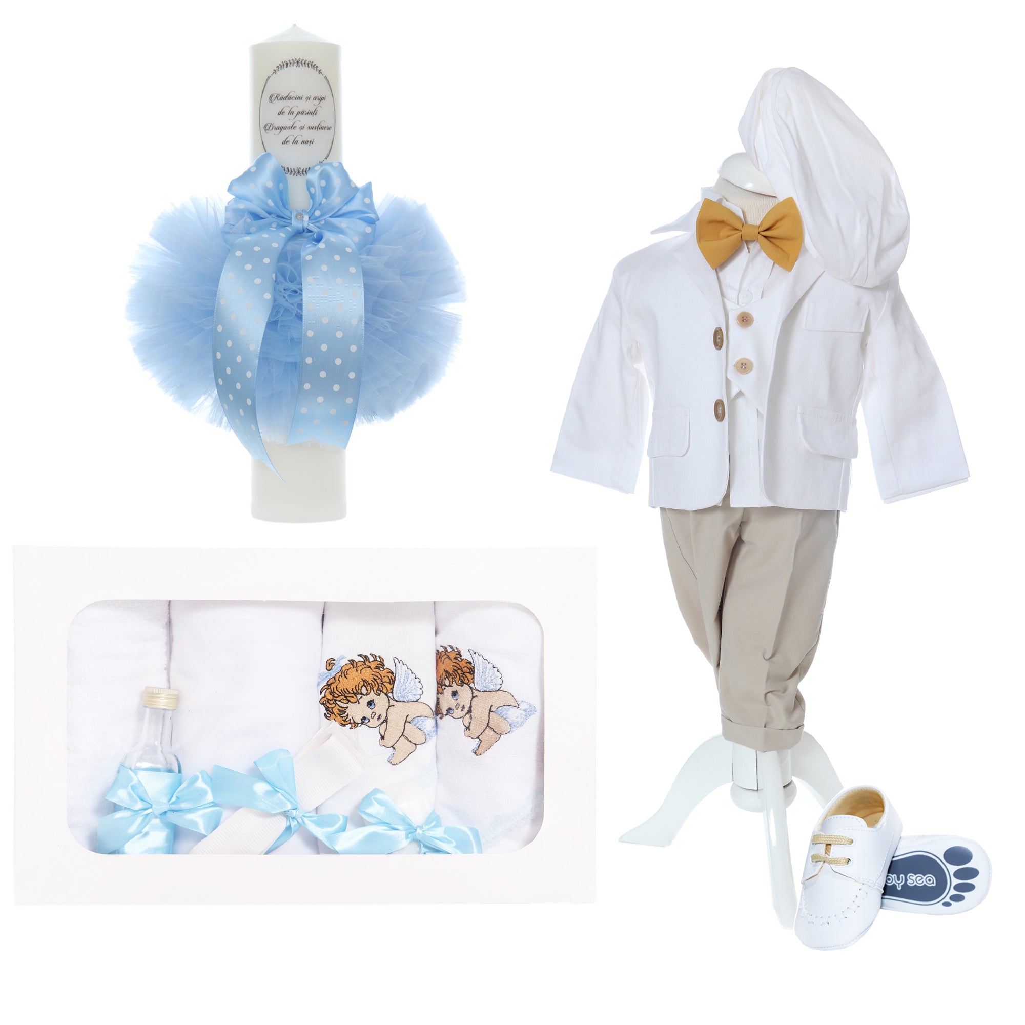 Trusou complet pentru botez de baieti, trusou brodat cu Ingeras, lumanare cu "Radacini si aripi de la parinti", costum si pantofiori, bleu-crem, 14 piese, Recostore®, REC2653