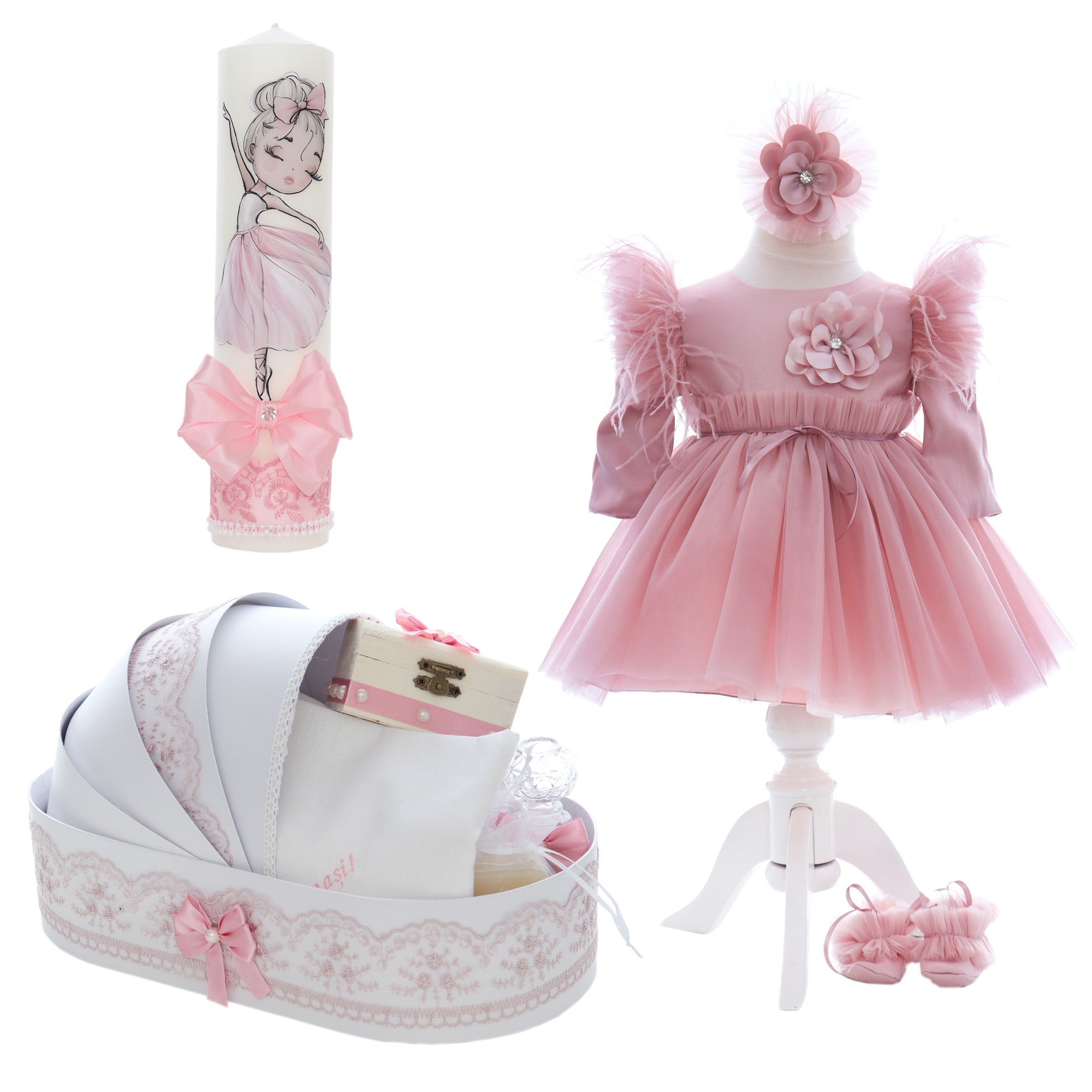 Trusou complet pentru botez de fete personalizat cu Balerina, trusou brodat, lumanare, rochita si pantofiori, roz pudrat, 12 piese, Recostore®, REC2688