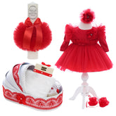 Trusou complet pentru botez de fete, trusou simplu, lumanare, rochita cu bentita si pantofiori, rosu, 12 piese, Recostore®, REC2687