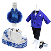 Trusou complet pentru botez de baieti, trusou simplu, lumanare cu "Radacini si aripi de la parinti", costum si pantofiori, albastru electric, 15 piese, Recostore®, REC2647