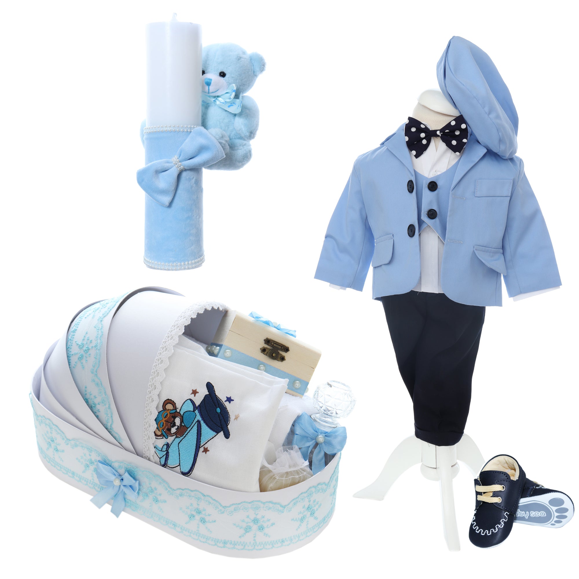 Trusou complet pentru botez de baieti, trusou brodat cu ursulet, lumanare cu ursulet de plus, costum si pantofiori, bleu, 15 piese, Recostore®, REC2658