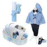 Trusou complet pentru botez de baieti, trusou brodat cu ursulet, lumanare cu ursulet de plus, costum si pantofiori, bleu, 15 piese, Recostore®, REC2658