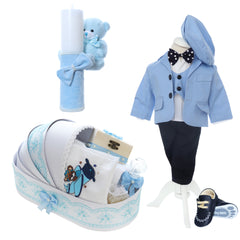 Trusou complet pentru botez de baieti, trusou brodat cu ursulet, lumanare cu ursulet de plus, costum si pantofiori, bleu, 15 piese, Recostore®, REC2658