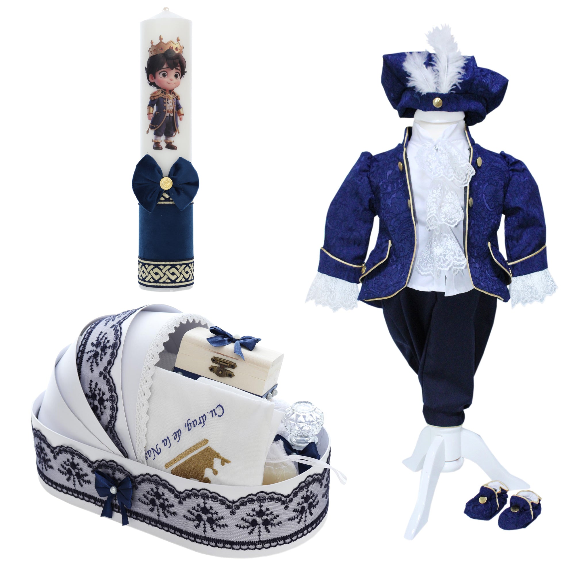 Trusou complet pentru botez de baieti, trusou brodat cu Coroana, lumanare cu print, costum print si pantofiori, bleumarin, 15 piese, Recostore®, REC2662