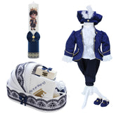 Trusou complet pentru botez de baieti, trusou brodat cu Coroana, lumanare cu print, costum print si pantofiori, bleumarin, 15 piese, Recostore®, REC2662