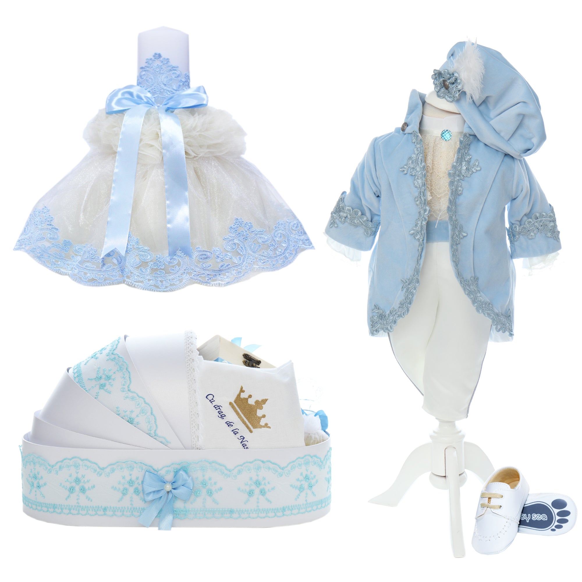 Trusou complet pentru botez de baieti, trusou brodat cu coroana, lumanare cu tulle, costum print si pantofiori, bleu, 15 piese, Recostore®, REC2664