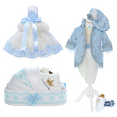 Trusou complet pentru botez de baieti, trusou brodat cu coroana, lumanare cu tulle, costum print si pantofiori, bleu, 15 piese, Recostore®, REC2664