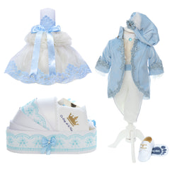 Trusou complet pentru botez de baieti, trusou brodat cu coroana, lumanare cu tulle, costum print si pantofiori, bleu, 15 piese, Recostore®, REC2664