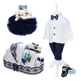 Trusou complet pentru botez de baieti personalizat cu ursulet, trusou brodat, lumanare, costum si pantofiori, alb-bleumarin, 15 piese, Recostore®, REC2677