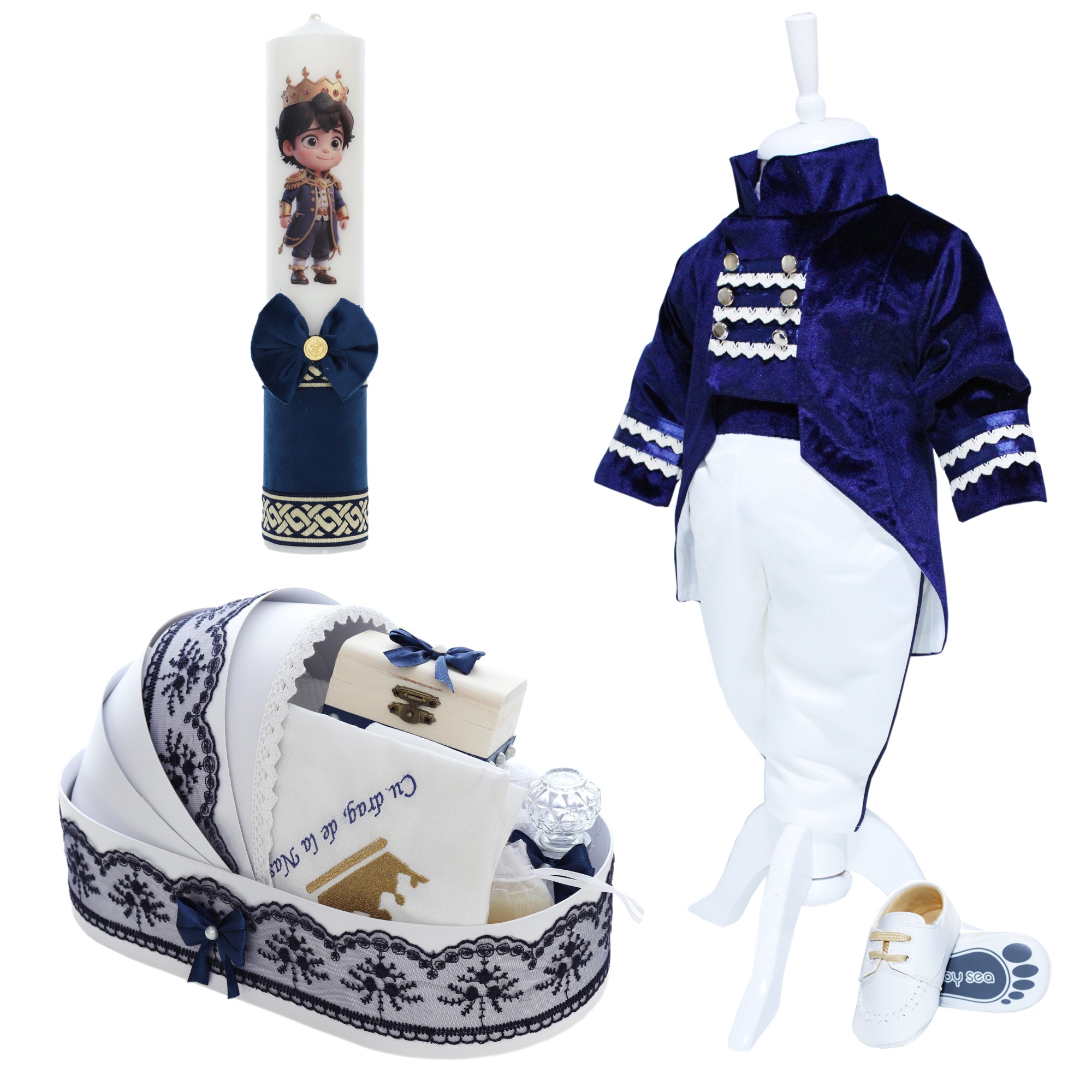 Trusou complet pentru botez de baieti, trusou brodat cu coroana, lumanare cu bebe print, costum print si pantofiori, bleumarin, 15 piese, Recostore®, REC2665