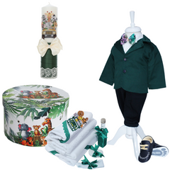 Trusou complet pentru botez de baieti personalizat cu Safari, lumanare cu Safari, costum si pantofiori, Verde, 15 piese, Recostore®, REC2742