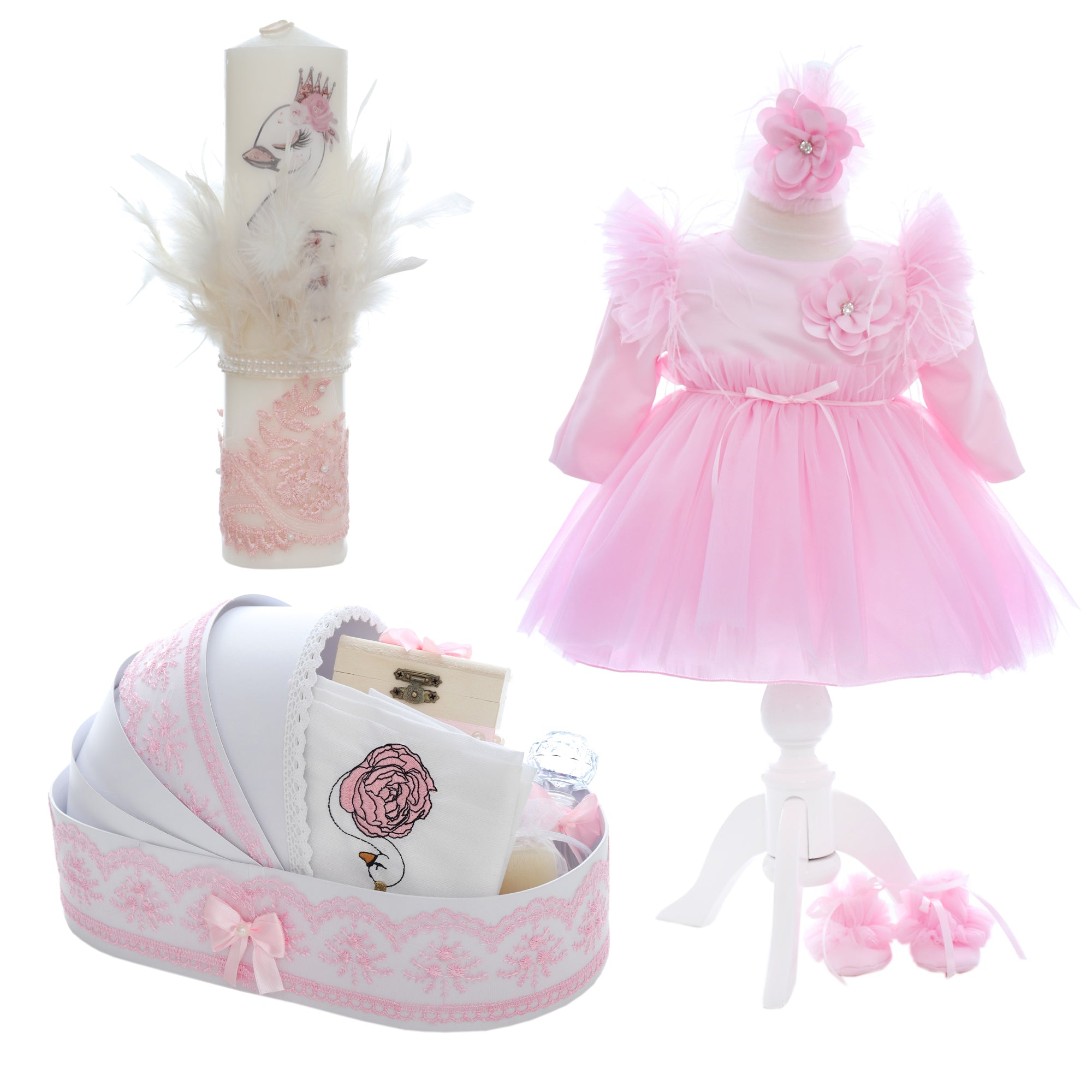 Trusou complet pentru botez de fete personalizat cu lebada, trusou, lumanare, rochita cu bentita si pantofiori, roz, 12 piese, Recostore®, REC2698