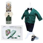 Set trusou complet pentru botez de baieti, verde, model Safari, 13 piese, Costum, Lumanare cu Safari, trusou imprimat si pantofiori, Recostore®, REC2596
