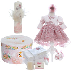 Trusou complet pentru botez de fete personalizat cu lebada, trusou brodat, lumanare, rochita cu bentita si pantofiori, roz pudrat, 12 piese, Recostore®, REC2700