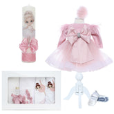Set trusou complet pentru botez de fete, roz pudrat, model cu Balerina, 11 piese, Rochita, Lumanare cu balerina, trusou Brodat si pantofiori, REC2578